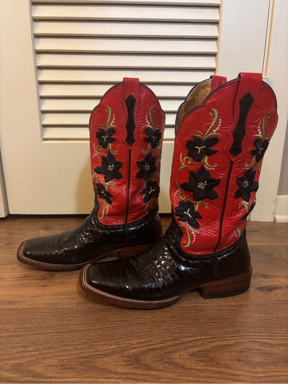 Ariat Red and Black Floral Embossed Western Boots